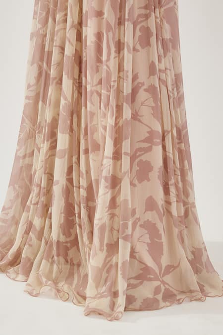 Koai Pink Chiffon Fringe Round Neck Floral Pattern Godet Dress Online at Aza Fashions Koai_Pink Chiffon Fringe Round Neck Floral Pattern Godet Dress _Online_at_Aza_Fashions