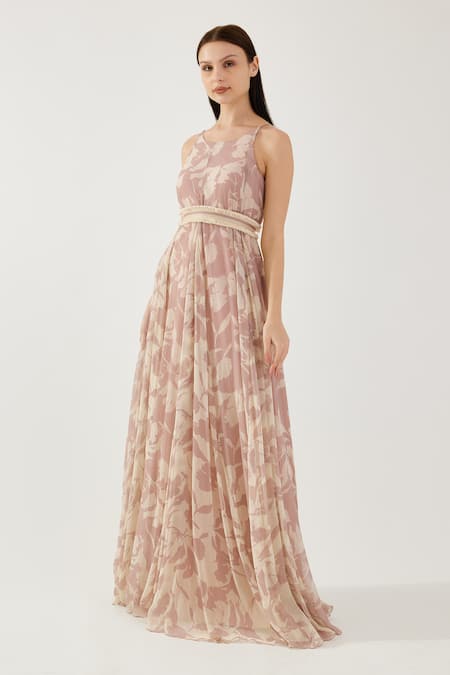 Buy Koai Pink Chiffon Fringe Round Neck Floral Pattern Godet Dress Online at Aza Fashions Buy_Koai_Pink Chiffon Fringe Round Neck Floral Pattern Godet Dress _Online_at_Aza_Fashions