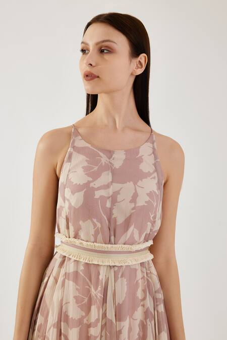 Shop Koai Pink Chiffon Fringe Round Neck Floral Pattern Godet Dress Online at Aza Fashions Shop_Koai_Pink Chiffon Fringe Round Neck Floral Pattern Godet Dress _Online_at_Aza_Fashions