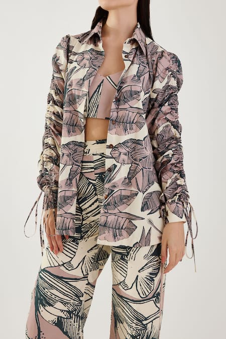 Buy_Koai_Pink Cotton Embroidery Collared Floral Pattern Gathered Sleeve Shirt _Online_at_Aza_Fashions