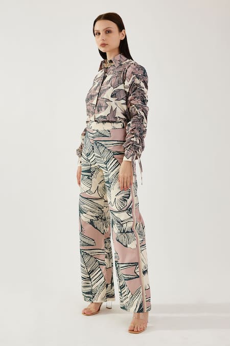 Shop_Koai_Pink Cotton Embroidery Collared Floral Pattern Gathered Sleeve Shirt _Online_at_Aza_Fashions