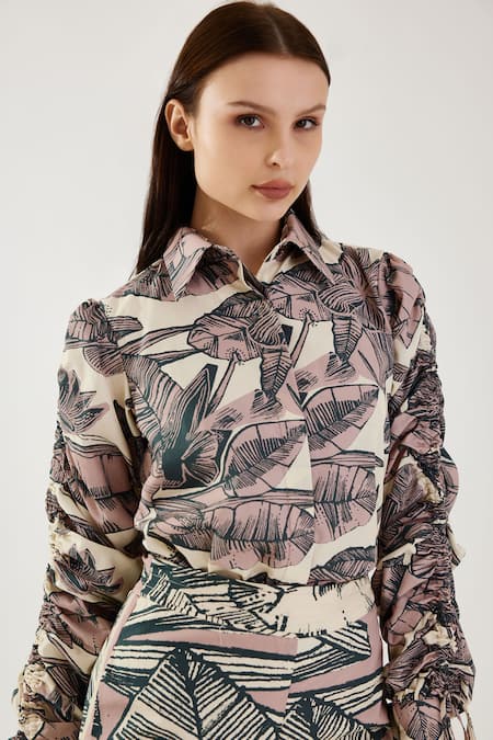 Koai_Pink Cotton Embroidery Collared Floral Pattern Gathered Sleeve Shirt _at_Aza_Fashions