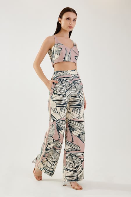 Shop Koai Pink Cotton, Poplin Floral Pattern Wide Legged Pant at Aza Fashions Shop_Koai_Pink Cotton, Poplin Floral Pattern Wide Legged Pant _at_Aza_Fashions