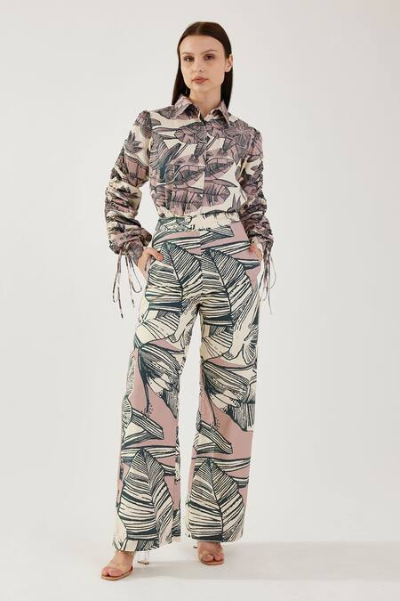 Shop Koai Pink Cotton, Poplin Floral Pattern Wide Legged Pant Online at Aza Fashions Shop_Koai_Pink Cotton, Poplin Floral Pattern Wide Legged Pant _Online_at_Aza_Fashions