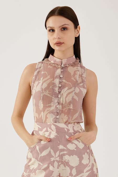 Koai Pink Chiffon Bandeau , Sweetheart Floral Pattern Collar Top Online at Aza Fashions Koai_Pink Chiffon Bandeau , Sweetheart Floral Pattern Collar Top _Online_at_Aza_Fashions