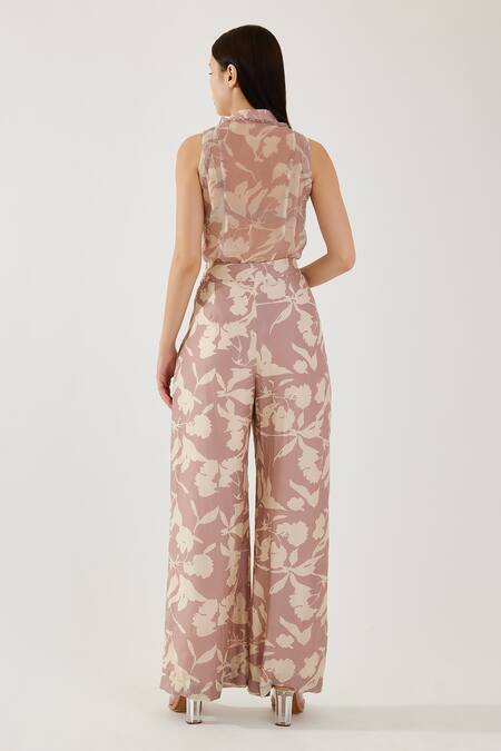 Shop_Koai_Pink Heavy Cotton Silk Floral Pattern Wide Legged Pant _at_Aza_Fashions