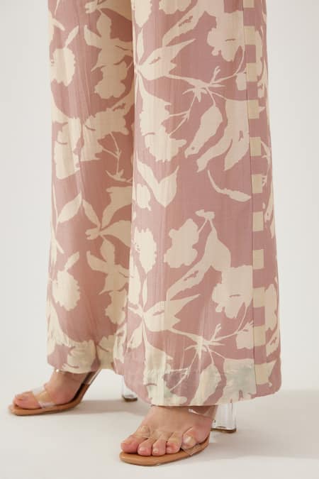 Koai_Pink Heavy Cotton Silk Floral Pattern Wide Legged Pant _Online_at_Aza_Fashions