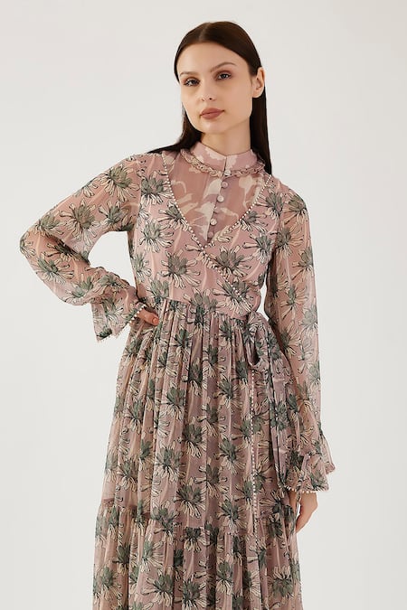 Buy Koai Pink Cotton, Silk Beads Floral Pattern Wrap Dress Online at Aza Fashions Buy_Koai_Pink Cotton, Silk Beads Floral Pattern Wrap Dress _Online_at_Aza_Fashions