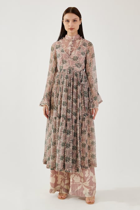 Shop Koai Pink Cotton, Silk Beads Floral Pattern Wrap Dress Online at Aza Fashions Shop_Koai_Pink Cotton, Silk Beads Floral Pattern Wrap Dress _Online_at_Aza_Fashions