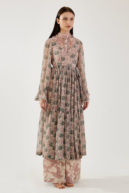 Koai Pink Cotton, Silk Beads Floral Pattern Wrap Dress at Aza Fashions Koai_Pink Cotton, Silk Beads Floral Pattern Wrap Dress _at_Aza_Fashions