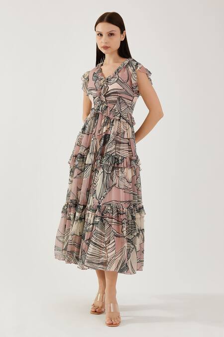 Koai Pink Cotton, Silk V-neck Floral Pattern Tiered Dress Online at Aza Fashions Koai_Pink Cotton, Silk V-neck Floral Pattern Tiered Dress _Online_at_Aza_Fashions