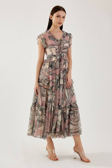 Buy Koai Pink Cotton, Silk V-neck Floral Pattern Tiered Dress Online at Aza Fashions Buy_Koai_Pink Cotton, Silk V-neck Floral Pattern Tiered Dress _Online_at_Aza_Fashions