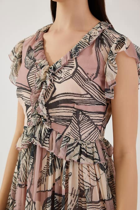 Shop Koai Pink Cotton, Silk V-neck Floral Pattern Tiered Dress Online at Aza Fashions Shop_Koai_Pink Cotton, Silk V-neck Floral Pattern Tiered Dress _Online_at_Aza_Fashions