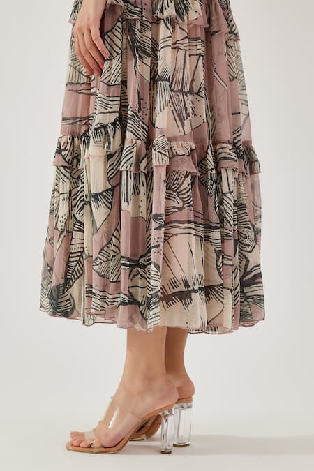 Koai Pink Cotton, Silk V-neck Floral Pattern Tiered Dress at Aza Fashions Koai_Pink Cotton, Silk V-neck Floral Pattern Tiered Dress _at_Aza_Fashions