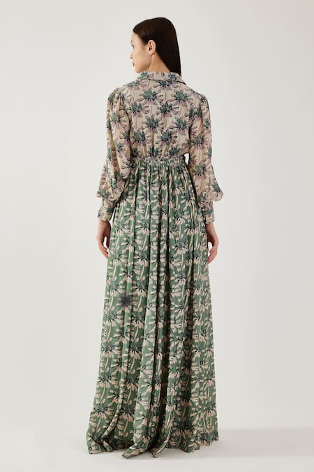 Shop Koai Multi Color Cotton, Silk Collared Floral Pattern Bishop Sleeve Dress at Aza Fashions Shop_Koai_Multi Color Cotton, Silk Collared Floral Pattern Bishop Sleeve Dress _at_Aza_Fashions