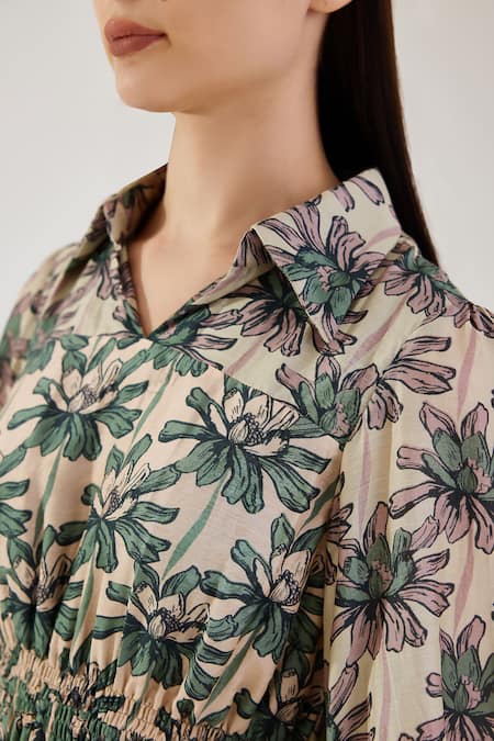 Koai Multi Color Cotton, Silk Collared Floral Pattern Bishop Sleeve Dress at Aza Fashions Koai_Multi Color Cotton, Silk Collared Floral Pattern Bishop Sleeve Dress _at_Aza_Fashions