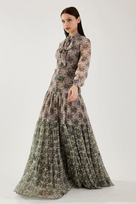 Koai_Peach Chiffon Collared Floral Pattern Tie-up Dress _Online_at_Aza_Fashions