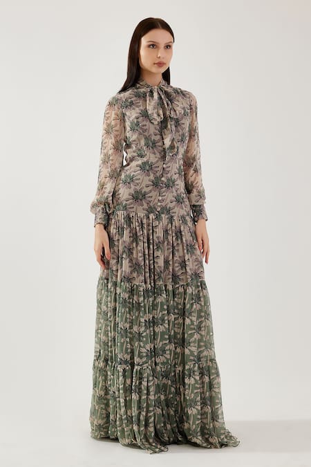 Buy_Koai_Peach Chiffon Collared Floral Pattern Tie-up Dress _Online_at_Aza_Fashions