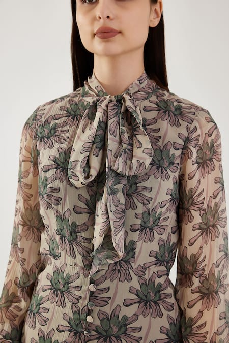 Shop_Koai_Peach Chiffon Collared Floral Pattern Tie-up Dress _Online_at_Aza_Fashions