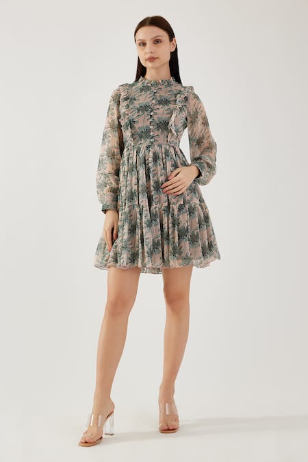 Koai Peach Chiffon Asymmetric Floral Pattern Ruffled Yoke Dress