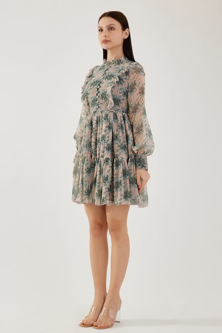 Koai Peach Chiffon Asymmetric Floral Pattern Ruffled Yoke Dress Online at Aza Fashions Koai_Peach Chiffon Asymmetric Floral Pattern Ruffled Yoke Dress _Online_at_Aza_Fashions