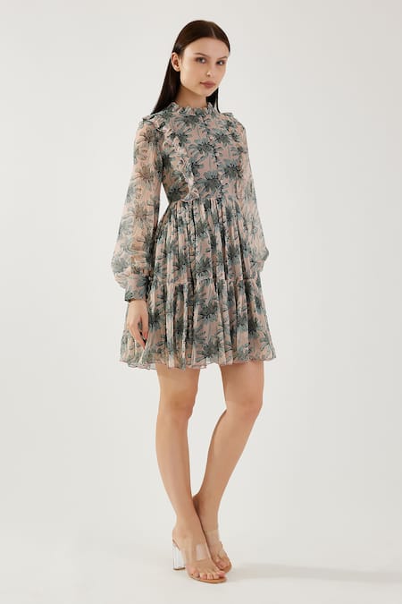 Buy Koai Peach Chiffon Asymmetric Floral Pattern Ruffled Yoke Dress Online at Aza Fashions Buy_Koai_Peach Chiffon Asymmetric Floral Pattern Ruffled Yoke Dress _Online_at_Aza_Fashions