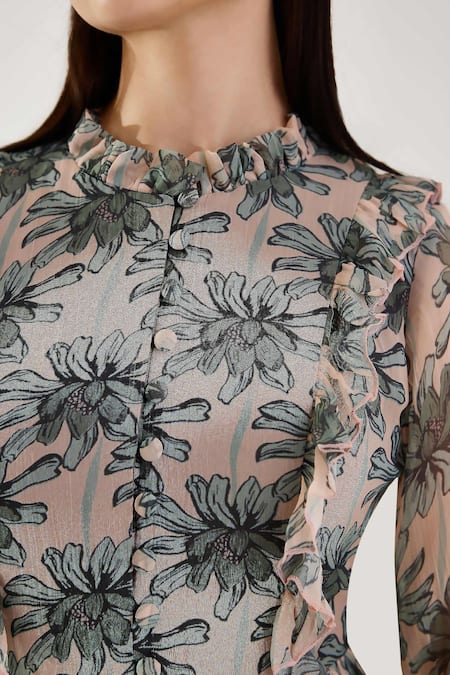 Shop Koai Peach Chiffon Asymmetric Floral Pattern Ruffled Yoke Dress Online at Aza Fashions Shop_Koai_Peach Chiffon Asymmetric Floral Pattern Ruffled Yoke Dress _Online_at_Aza_Fashions