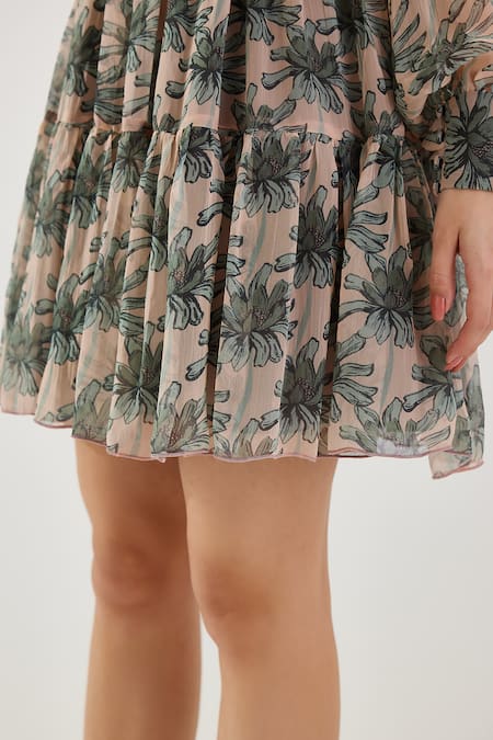 Koai Peach Chiffon Asymmetric Floral Pattern Ruffled Yoke Dress at Aza Fashions Koai_Peach Chiffon Asymmetric Floral Pattern Ruffled Yoke Dress _at_Aza_Fashions