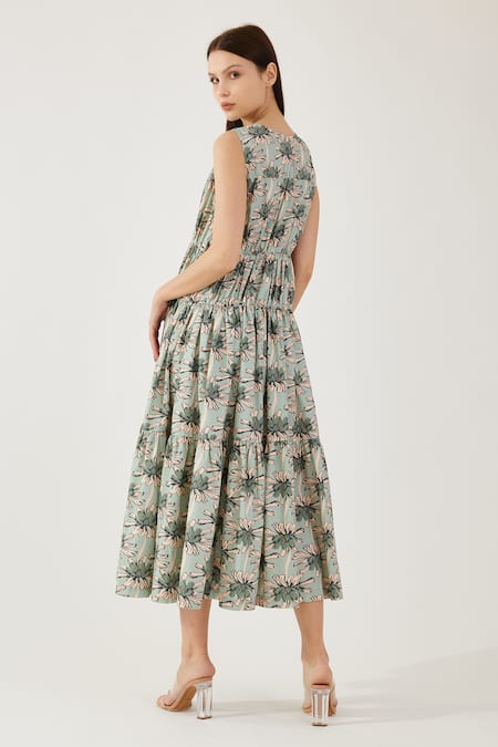Shop Koai Green Cotton Round Neck Floral Pattern Dress at Aza Fashions Shop_Koai_Green Cotton Round Neck Floral Pattern Dress _at_Aza_Fashions