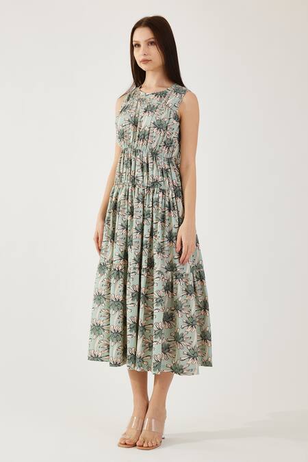Koai Green Cotton Round Neck Floral Pattern Dress Online at Aza Fashions Koai_Green Cotton Round Neck Floral Pattern Dress _Online_at_Aza_Fashions