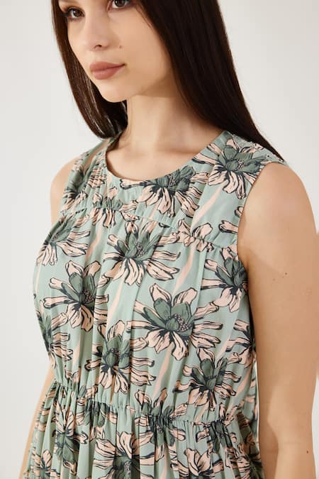 Koai Green Cotton Round Neck Floral Pattern Dress at Aza Fashions Koai_Green Cotton Round Neck Floral Pattern Dress _at_Aza_Fashions