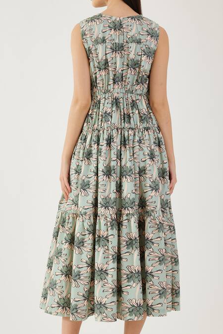 Shop Koai Green Cotton Round Neck Floral Pattern Dress Shop_Koai_Green Cotton Round Neck Floral Pattern Dress