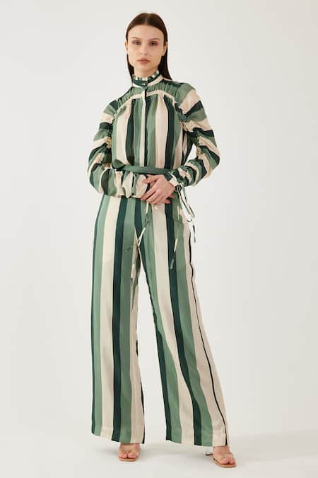 Koai Beige Cotton, Silk Bandeau Neck Ruched Stripe Pattern Shirt