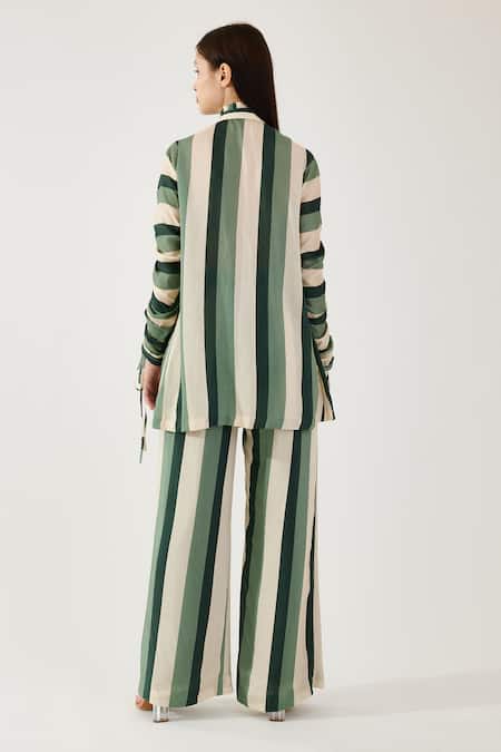 Shop Koai Beige Cotton, Silk Bandeau Neck Ruched Stripe Pattern Shirt at Aza Fashions Shop_Koai_Beige Cotton, Silk Bandeau Neck Ruched Stripe Pattern Shirt _at_Aza_Fashions