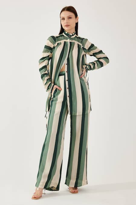 Koai Beige Cotton, Silk Bandeau Neck Ruched Stripe Pattern Shirt Online at Aza Fashions Koai_Beige Cotton, Silk Bandeau Neck Ruched Stripe Pattern Shirt _Online_at_Aza_Fashions