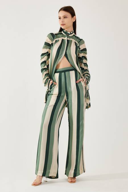 Buy Koai Beige Cotton, Silk Bandeau Neck Ruched Stripe Pattern Shirt Online at Aza Fashions Buy_Koai_Beige Cotton, Silk Bandeau Neck Ruched Stripe Pattern Shirt _Online_at_Aza_Fashions