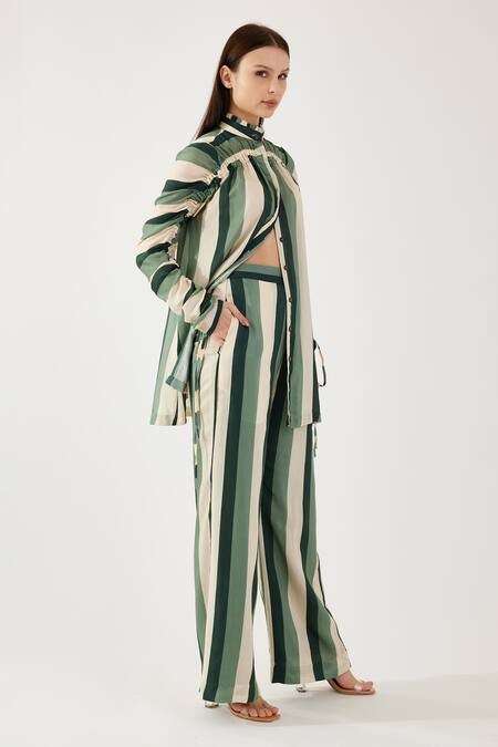 Shop Koai Beige Cotton, Silk Bandeau Neck Ruched Stripe Pattern Shirt Online at Aza Fashions Shop_Koai_Beige Cotton, Silk Bandeau Neck Ruched Stripe Pattern Shirt _Online_at_Aza_Fashions