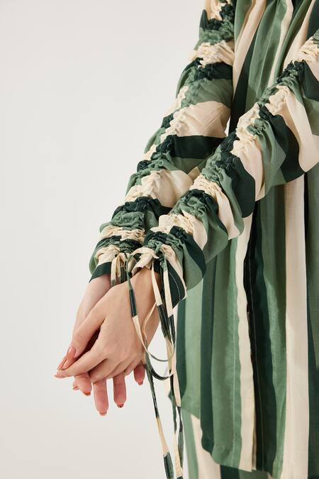 Koai Beige Cotton, Silk Bandeau Neck Ruched Stripe Pattern Shirt at Aza Fashions Koai_Beige Cotton, Silk Bandeau Neck Ruched Stripe Pattern Shirt _at_Aza_Fashions