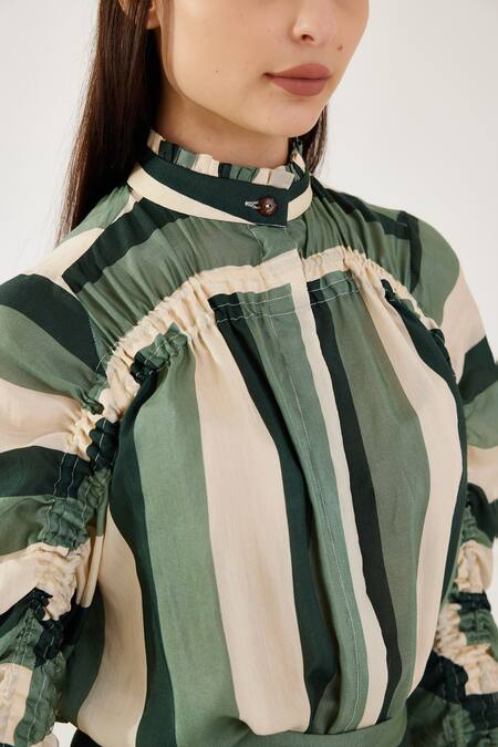 Buy Koai Beige Cotton, Silk Bandeau Neck Ruched Stripe Pattern Shirt Buy_Koai_Beige Cotton, Silk Bandeau Neck Ruched Stripe Pattern Shirt