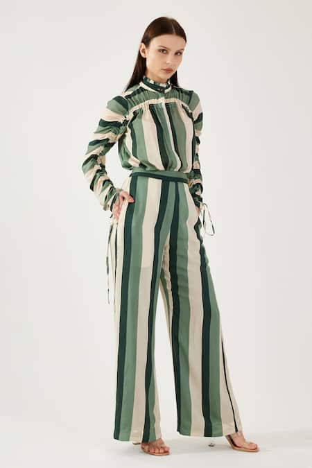 Shop Koai Beige Cotton, Silk Bandeau Neck Ruched Stripe Pattern Shirt Shop_Koai_Beige Cotton, Silk Bandeau Neck Ruched Stripe Pattern Shirt