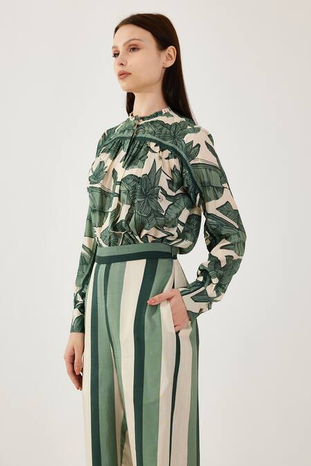 Koai Cream Cotton, Silk Embroidery Collared Foliage Pattern Shirt Online at Aza Fashions Koai_Cream Cotton, Silk Embroidery Collared Foliage Pattern Shirt _Online_at_Aza_Fashions