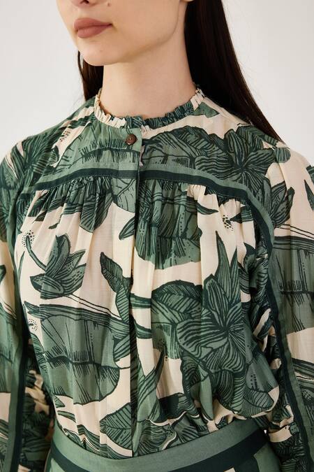 Shop Koai Cream Cotton, Silk Embroidery Collared Foliage Pattern Shirt Online at Aza Fashions Shop_Koai_Cream Cotton, Silk Embroidery Collared Foliage Pattern Shirt _Online_at_Aza_Fashions