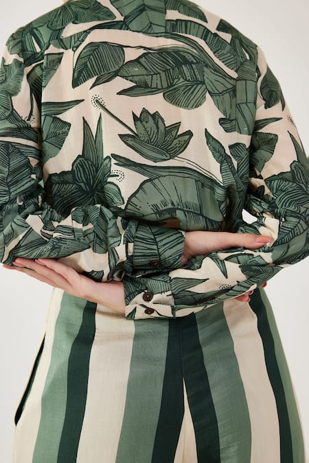 Koai Cream Cotton, Silk Embroidery Collared Foliage Pattern Shirt at Aza Fashions Koai_Cream Cotton, Silk Embroidery Collared Foliage Pattern Shirt _at_Aza_Fashions