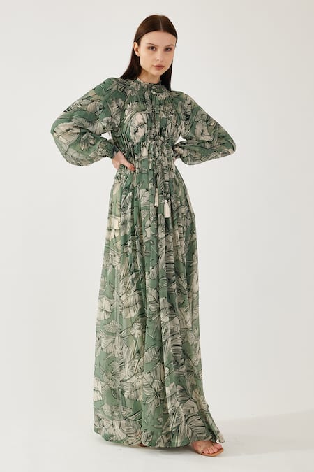 Koai_Cream Chiffon Embroidery Asymmetric Botanic Pattern Kaftan Dress _Online_at_Aza_Fashions