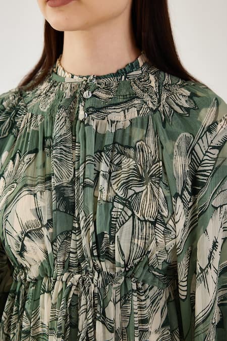 Koai_Cream Chiffon Embroidery Asymmetric Botanic Pattern Kaftan Dress _at_Aza_Fashions