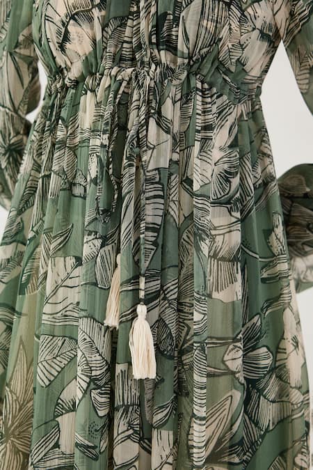 Buy_Koai_Cream Chiffon Embroidery Asymmetric Botanic Pattern Kaftan Dress 