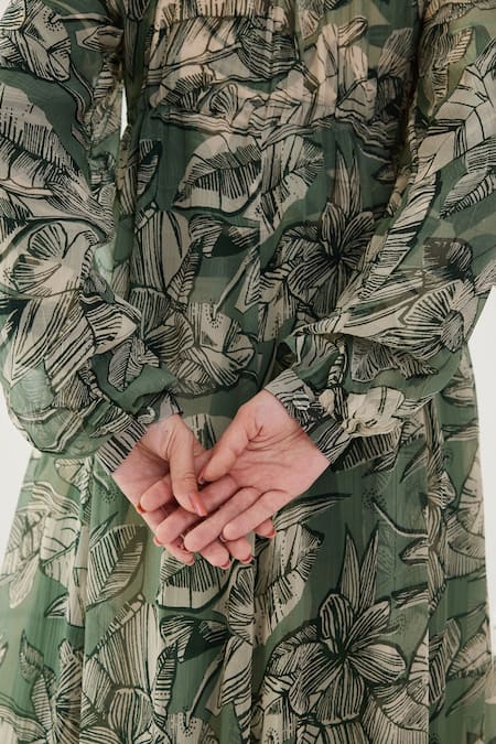 Shop_Koai_Cream Chiffon Embroidery Asymmetric Botanic Pattern Kaftan Dress 