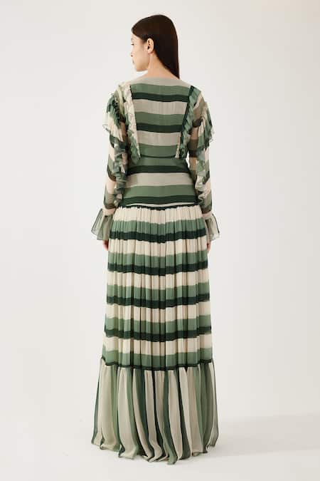 Shop Koai Beige Chiffon V-neck Stripe Pattern Maxi Dress at Aza Fashions Shop_Koai_Beige Chiffon V-neck Stripe Pattern Maxi Dress _at_Aza_Fashions