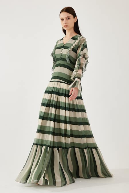 Koai Beige Chiffon V-neck Stripe Pattern Maxi Dress Online at Aza Fashions Koai_Beige Chiffon V-neck Stripe Pattern Maxi Dress _Online_at_Aza_Fashions