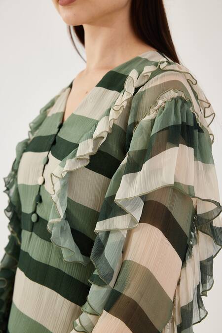 Shop Koai Beige Chiffon V-neck Stripe Pattern Maxi Dress Online at Aza Fashions Shop_Koai_Beige Chiffon V-neck Stripe Pattern Maxi Dress _Online_at_Aza_Fashions